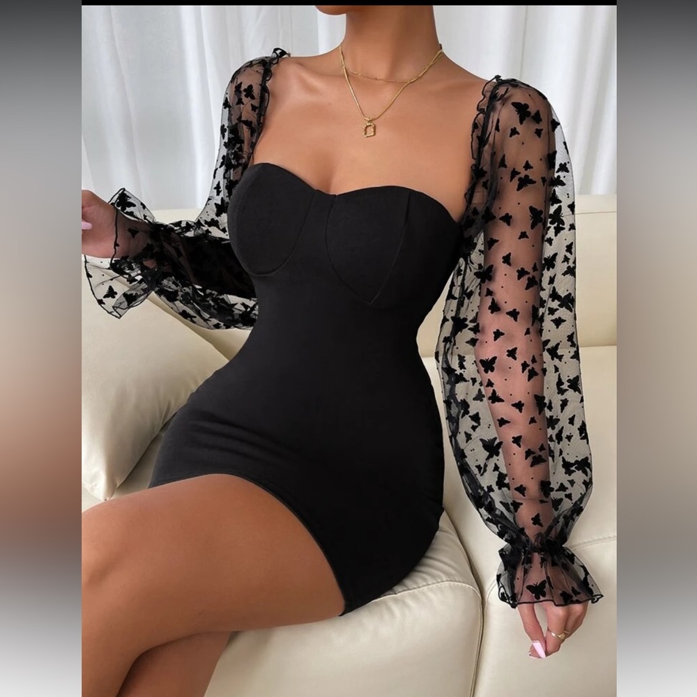 SHEIN Black Dress with Sheer Patterned Sleeves
